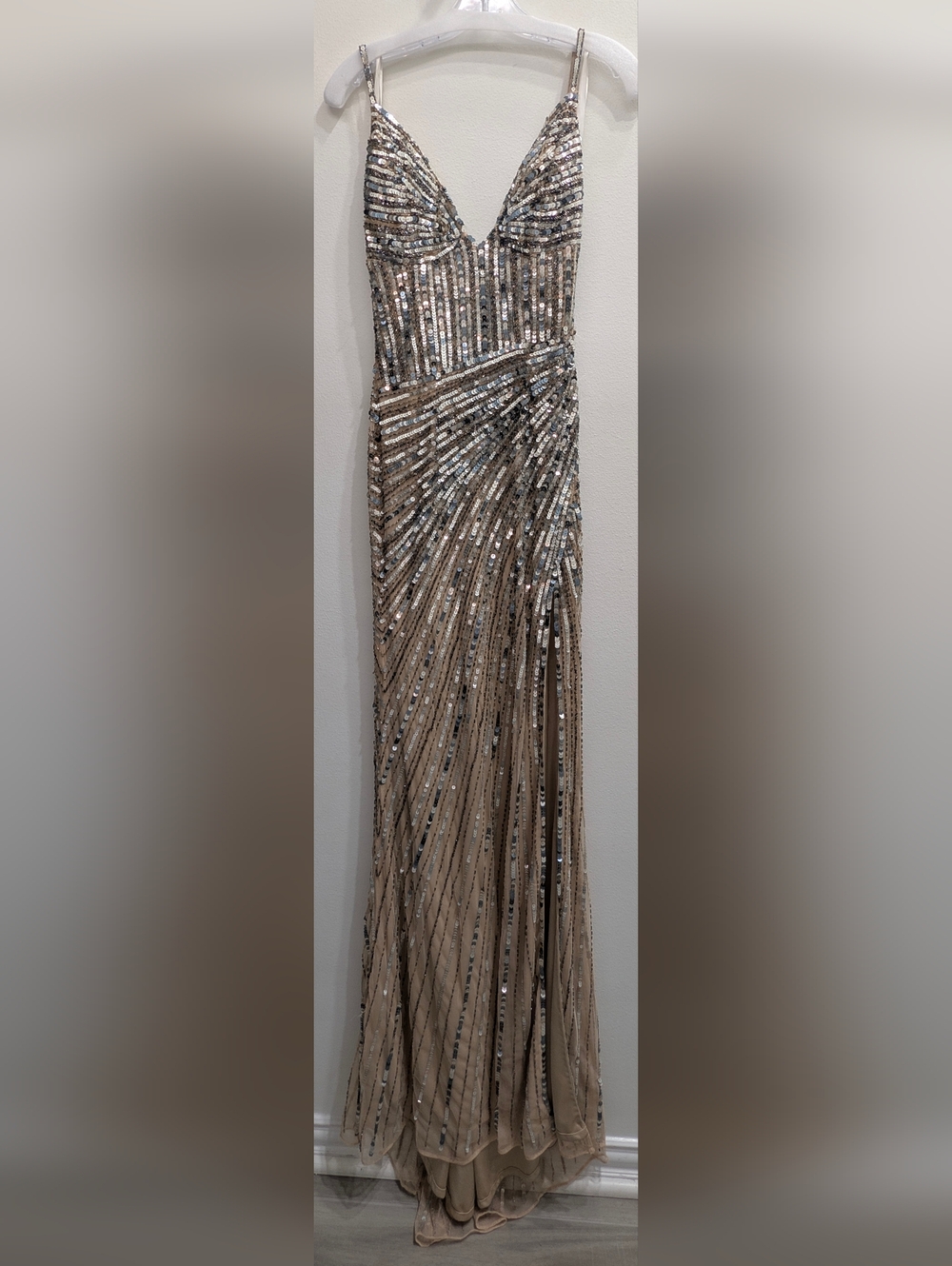 Primavera Couture Champagne and Silver Sequin Gown